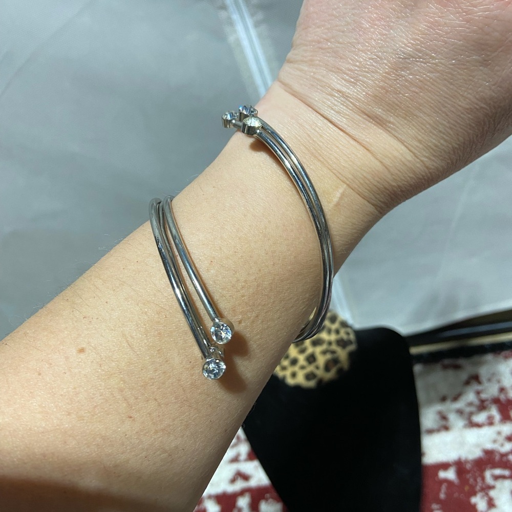 Silver Tone Double Row Bypass Wrap Bangle Bracelet Rhinestone Ends Cuff